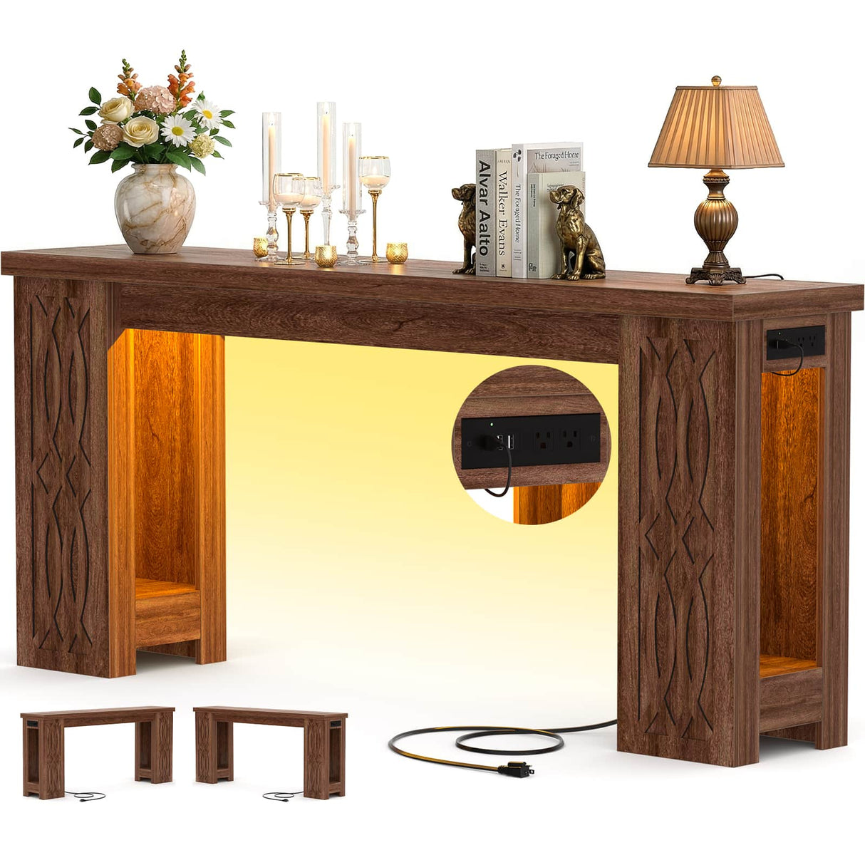 63'' Farmhouse Console Table with Charging Station and LED Lights, Narrow Entryway Table for Home
