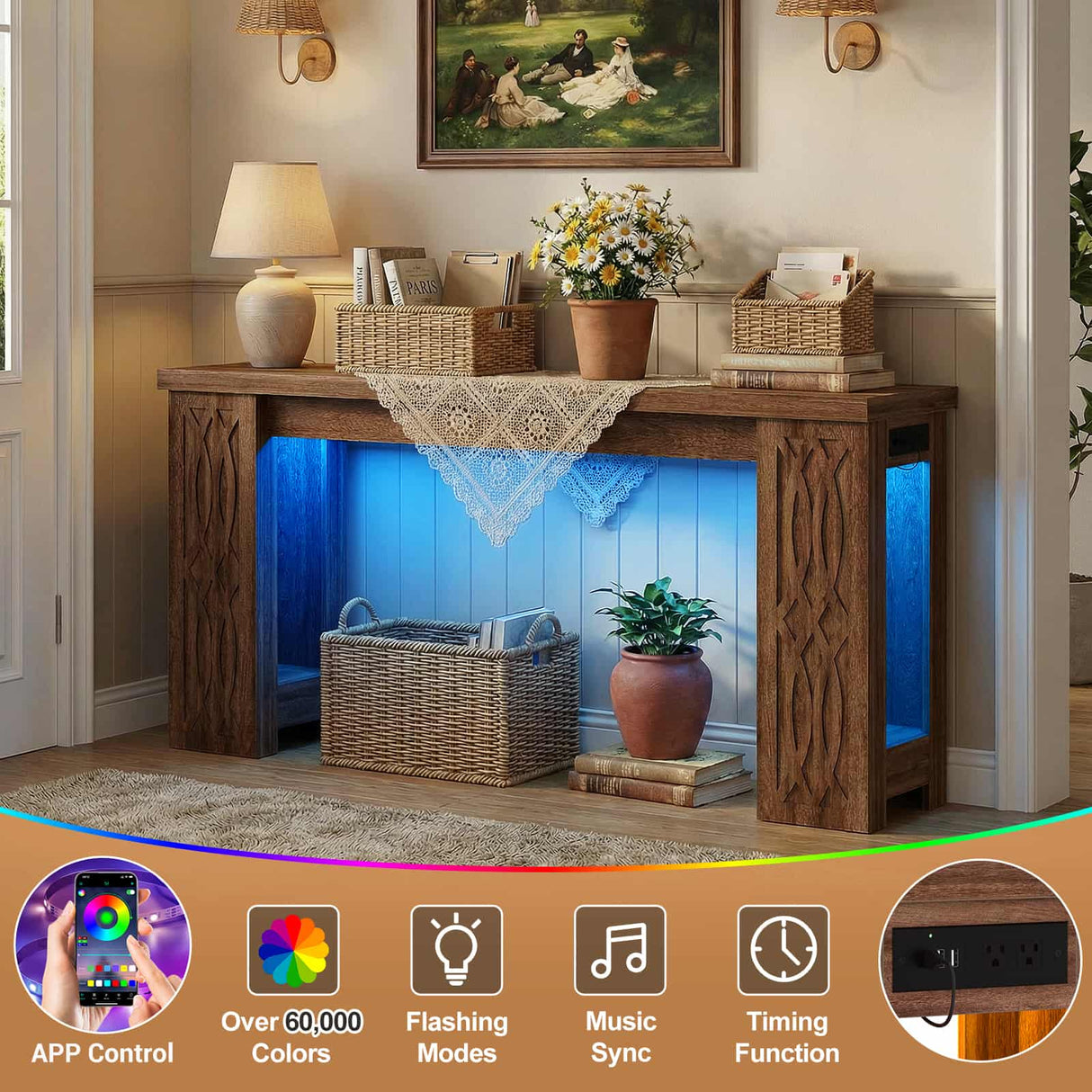 63'' Farmhouse Console Table with Charging Station and LED Lights, Narrow Entryway Table for Home