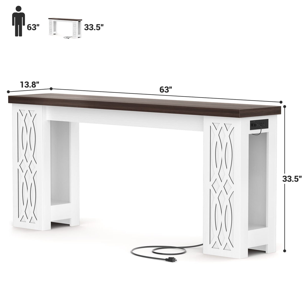 63'' Farmhouse Console Table with Charging Station and LED Lights, Narrow Entryway Table for Home
