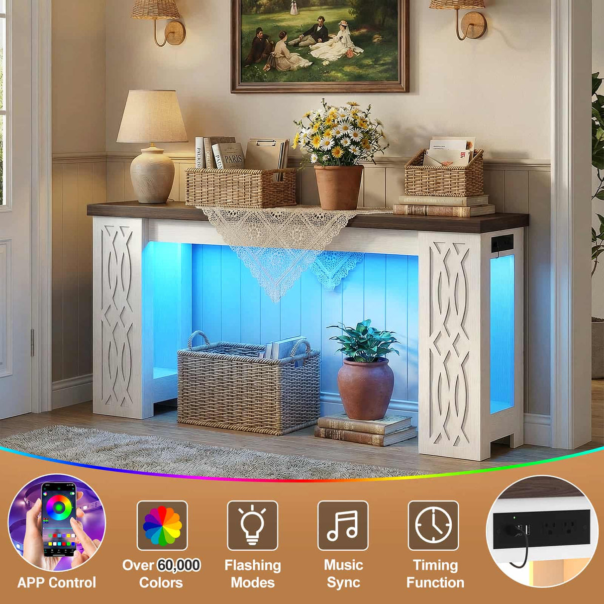 63'' Farmhouse Console Table with Charging Station and LED Lights, Narrow Entryway Table for Home