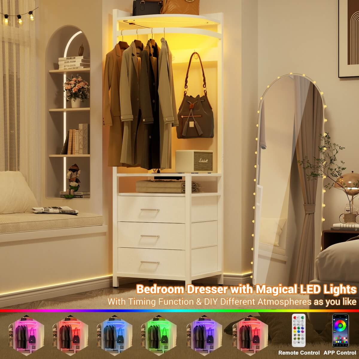 70'' Tall Corner Dresser with Power Outlet & LED Lights, 4-tier Garment Rack with 3 Drawers & 4 Hooks