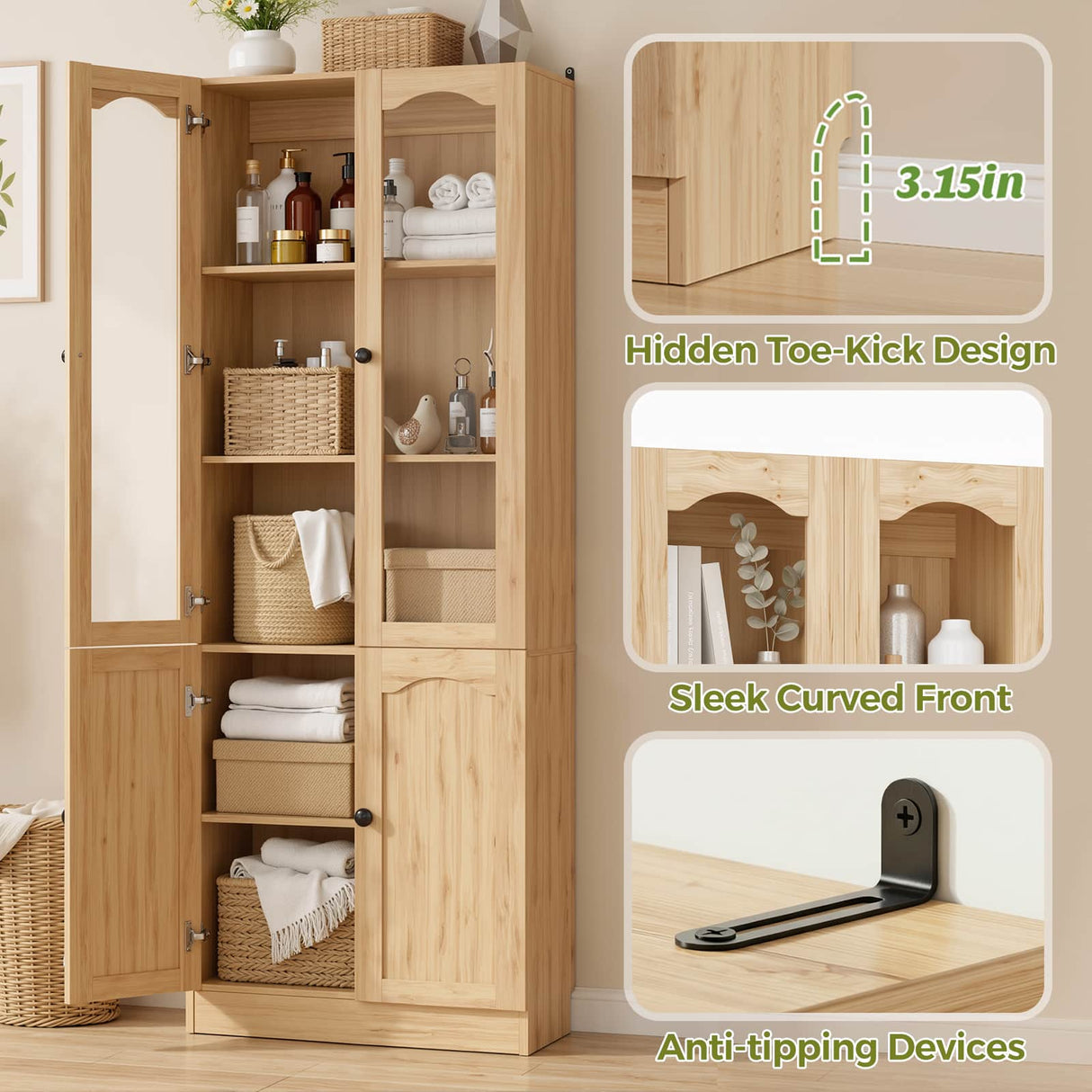 80" Tall Pantry Cabinet with 4 Doors, Kitchen Storage Cabinet with Built-in Baseboard Notch & Adjustable Shelves
