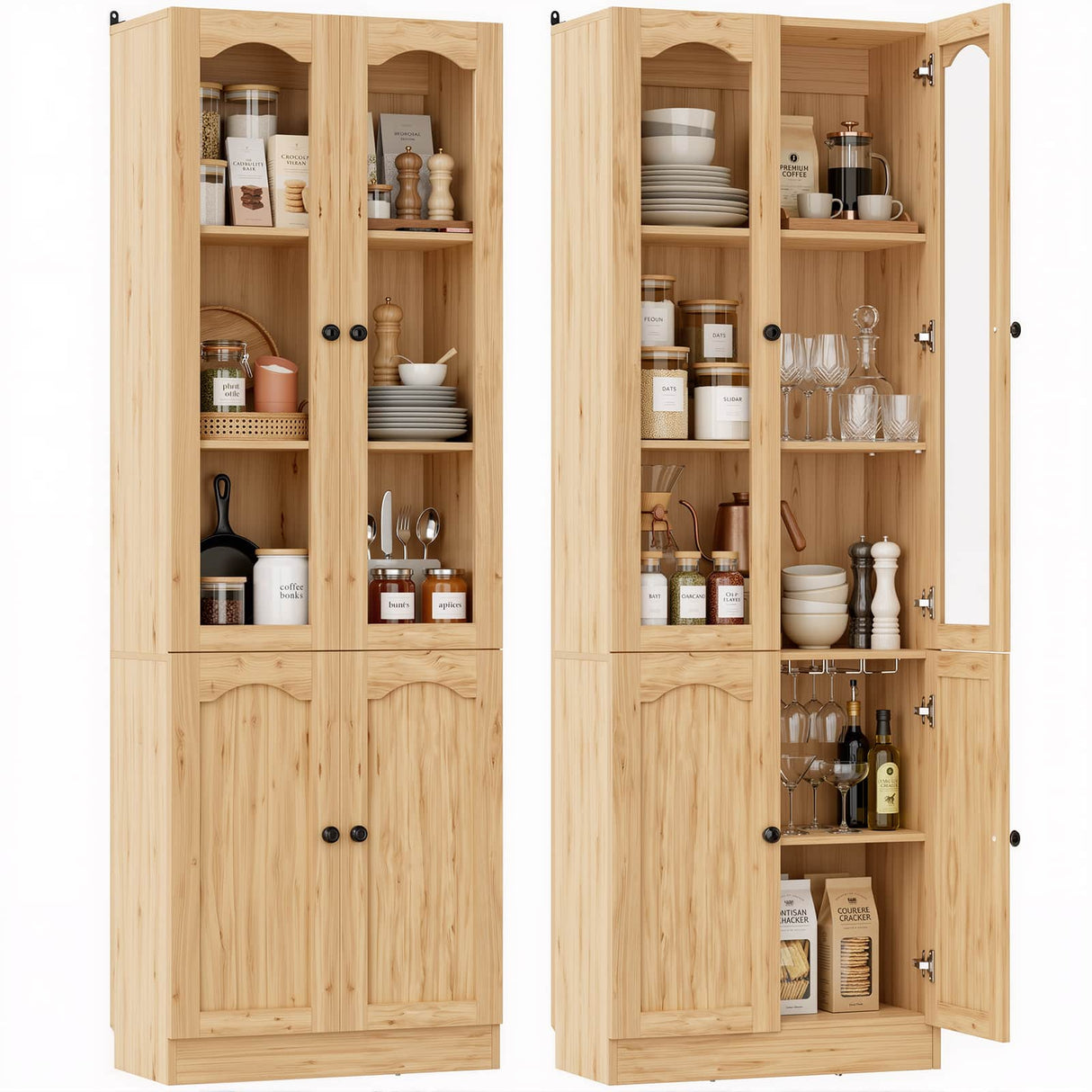 80" Tall Pantry Cabinet with 4 Doors, Kitchen Storage Cabinet with Built-in Baseboard Notch & Adjustable Shelves