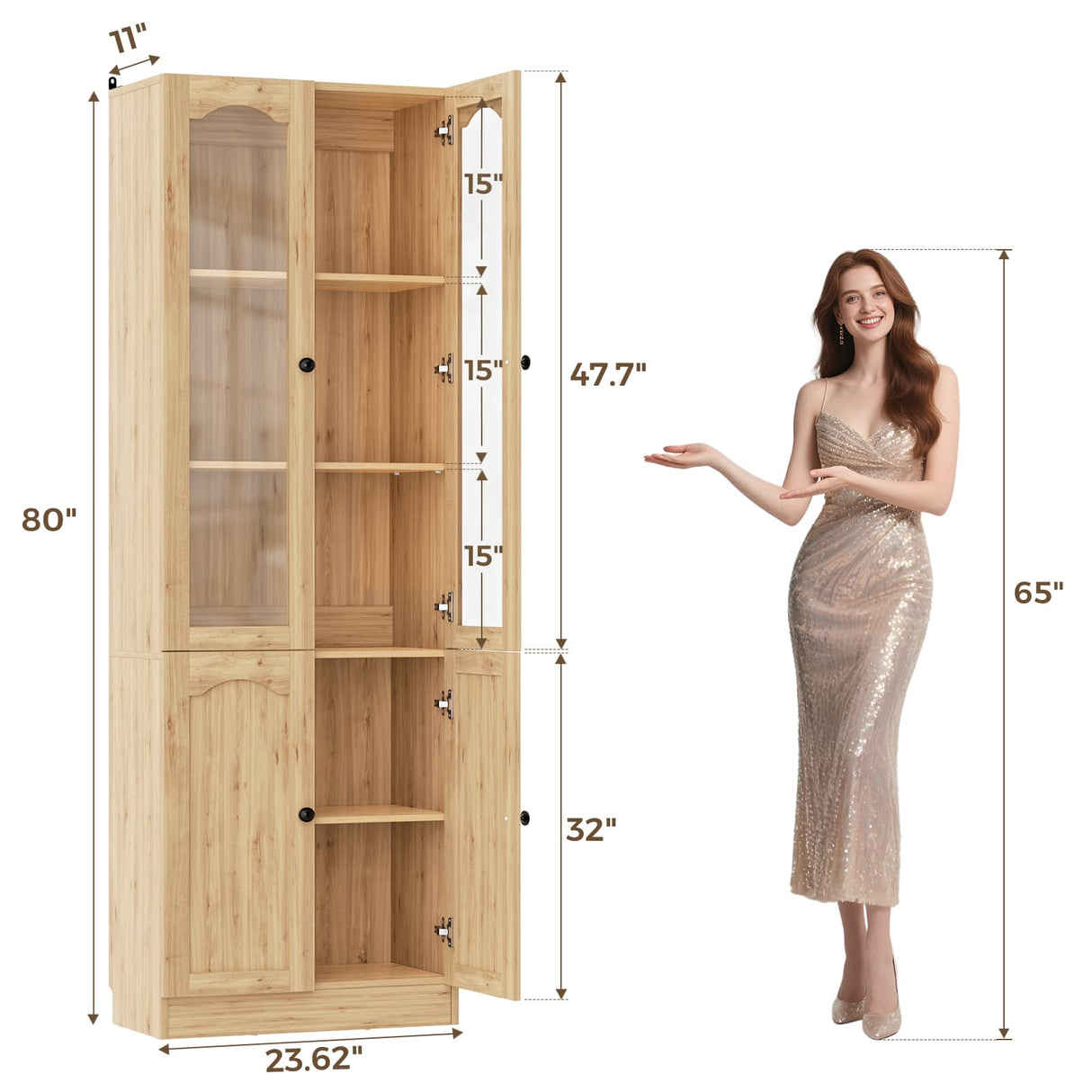 80" Tall Pantry Cabinet with 4 Doors, Kitchen Storage Cabinet with Built-in Baseboard Notch & Adjustable Shelves