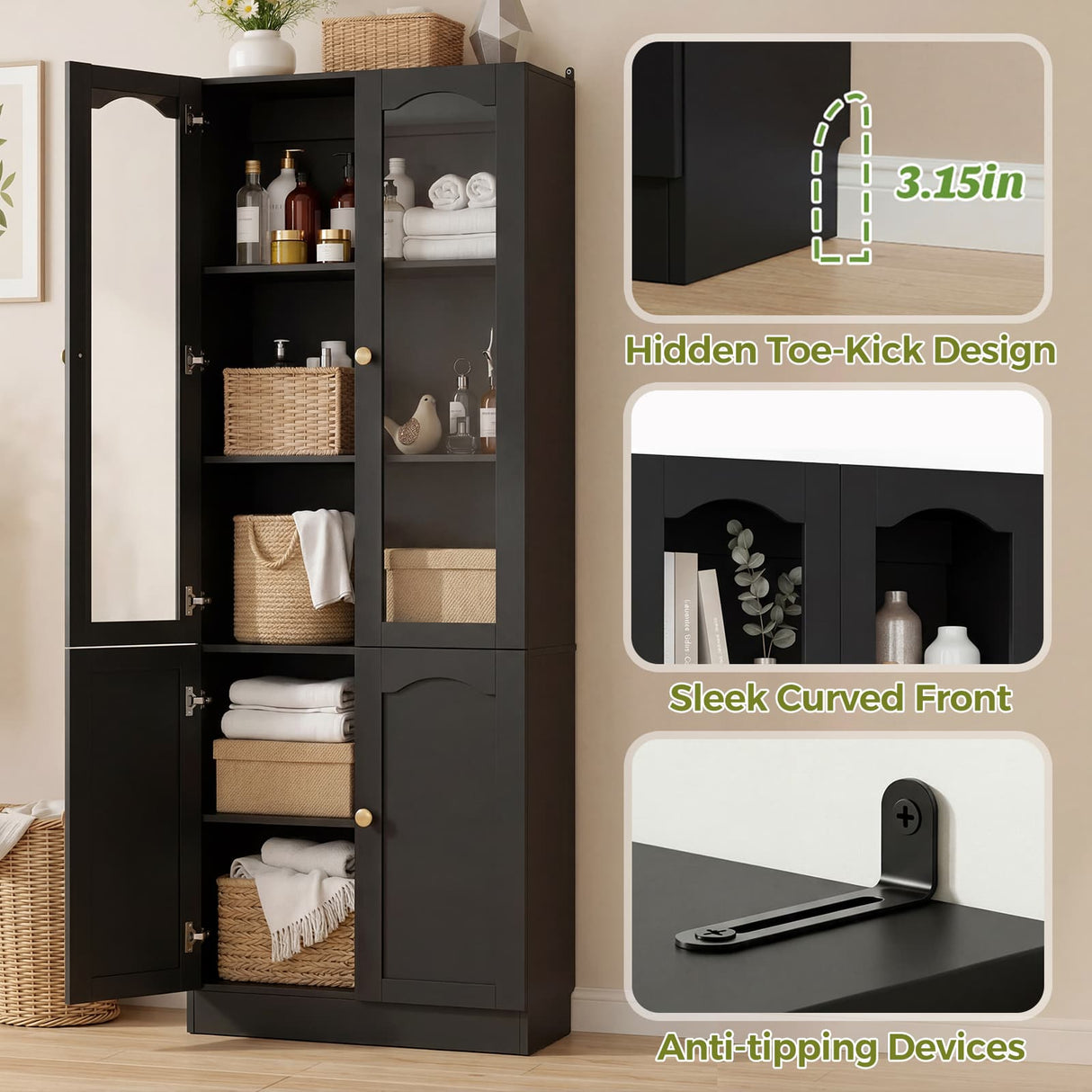 80" Tall Pantry Cabinet with 4 Doors, Kitchen Storage Cabinet with Built-in Baseboard Notch & Adjustable Shelves