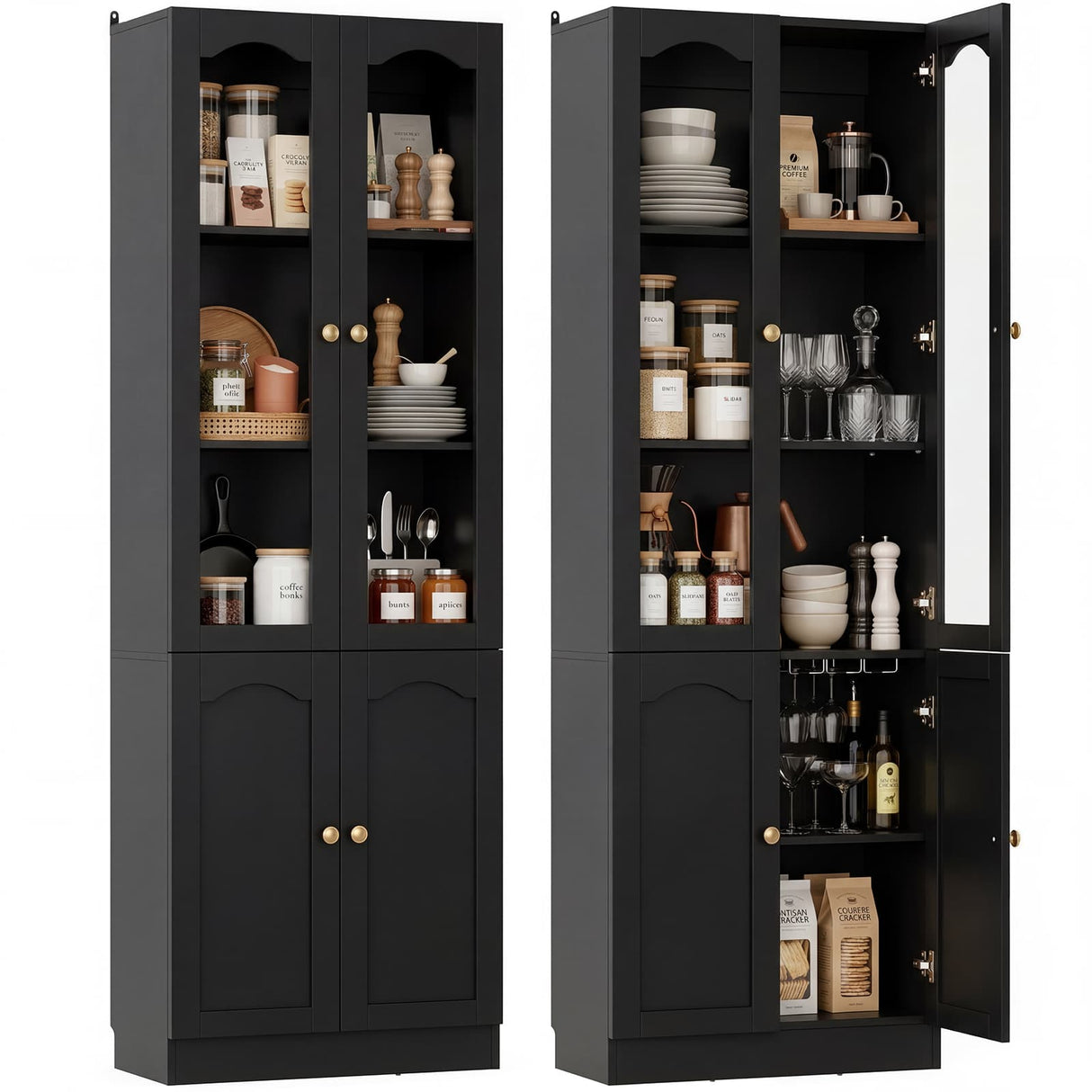 80" Tall Pantry Cabinet with 4 Doors, Kitchen Storage Cabinet with Built-in Baseboard Notch & Adjustable Shelves