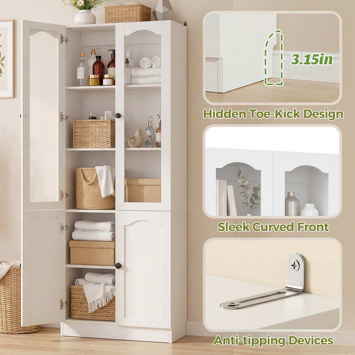 80" Tall Pantry Cabinet with 4 Doors, Kitchen Storage Cabinet with Built-in Baseboard Notch & Adjustable Shelves