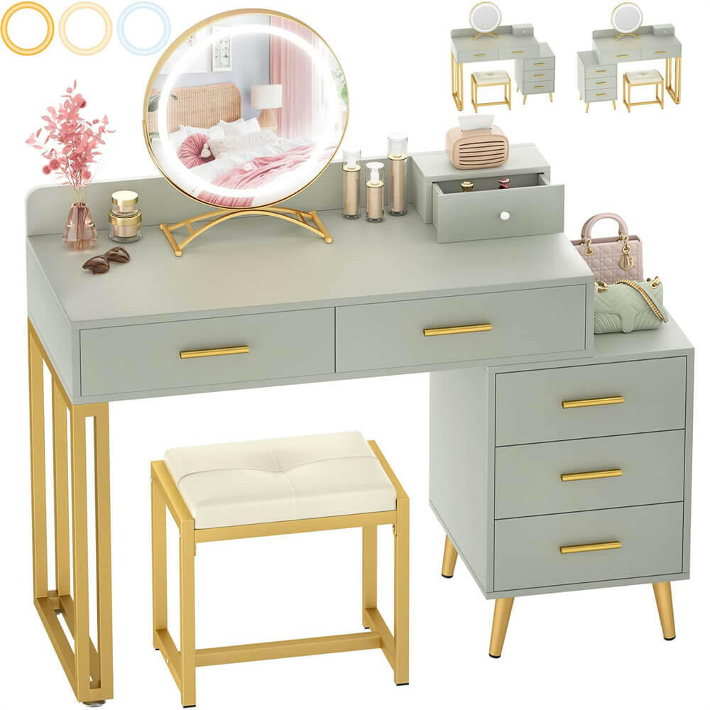 6 Drawer Makeup Vanity Desk with Stool, Lighted Mirror, Built-In Outlets