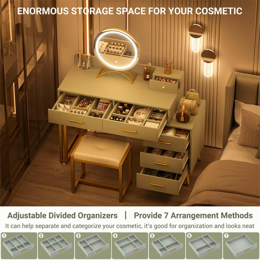 6 Drawer Makeup Vanity Desk with Stool, Lighted Mirror, Built-In Outlets
