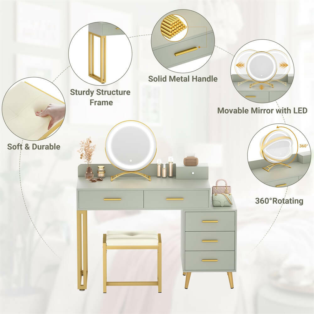 6 Drawer Makeup Vanity Desk with Stool, Lighted Mirror, Built-In Outlets