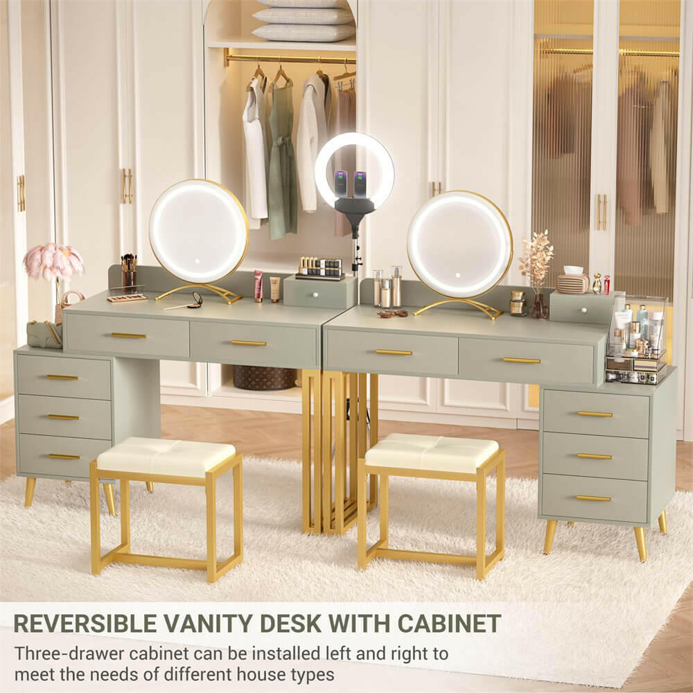 6 Drawer Makeup Vanity Desk with Stool, Lighted Mirror, Built-In Outlets