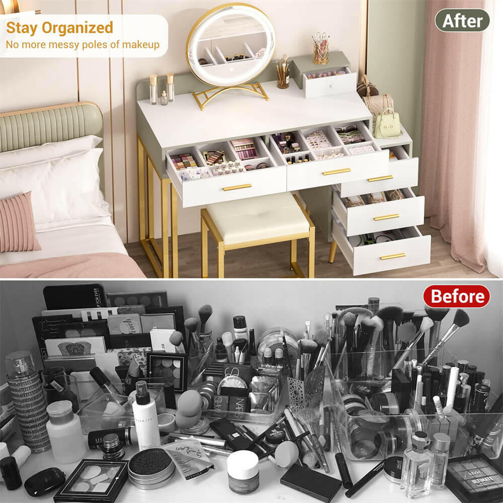 6 Drawer Makeup Vanity Desk with Stool, Lighted Mirror, Built-In Outlets