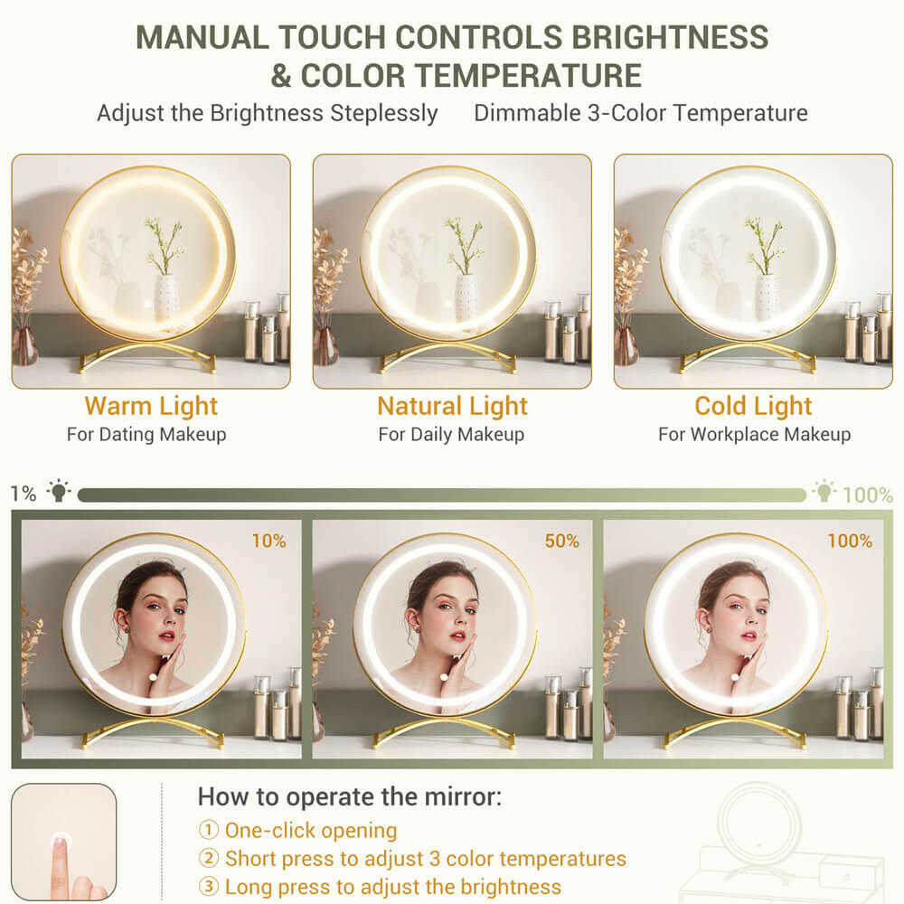 6 Drawer Makeup Vanity Desk with Stool, Lighted Mirror, Built-In Outlets