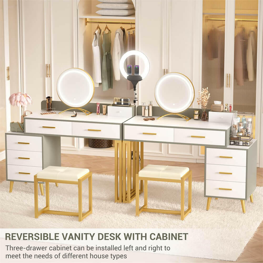6 Drawer Makeup Vanity Desk with Stool, Lighted Mirror, Built-In Outlets