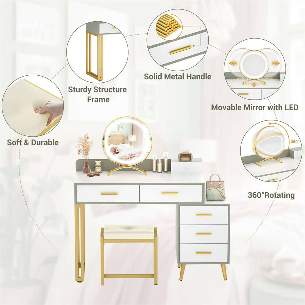 6 Drawer Makeup Vanity Desk with Stool, Lighted Mirror, Built-In Outlets