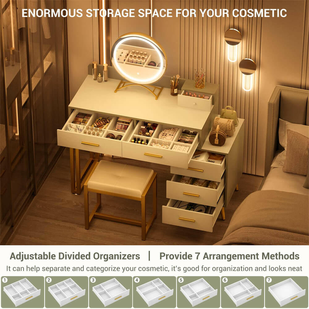 6 Drawer Makeup Vanity Desk with Stool, Lighted Mirror, Built-In Outlets