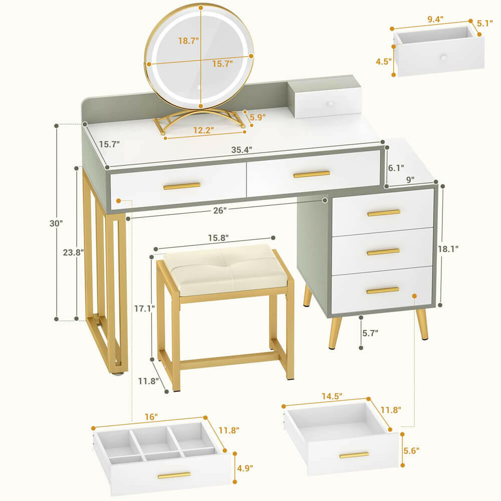 6 Drawer Makeup Vanity Desk with Stool, Lighted Mirror, Built-In Outlets