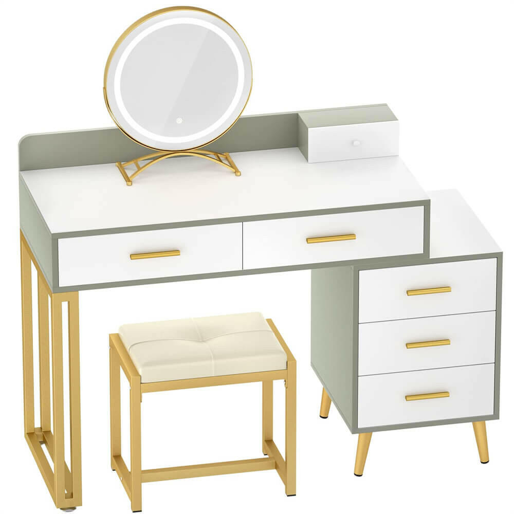 6 Drawer Makeup Vanity Desk with Stool, Lighted Mirror, Built-In Outlets