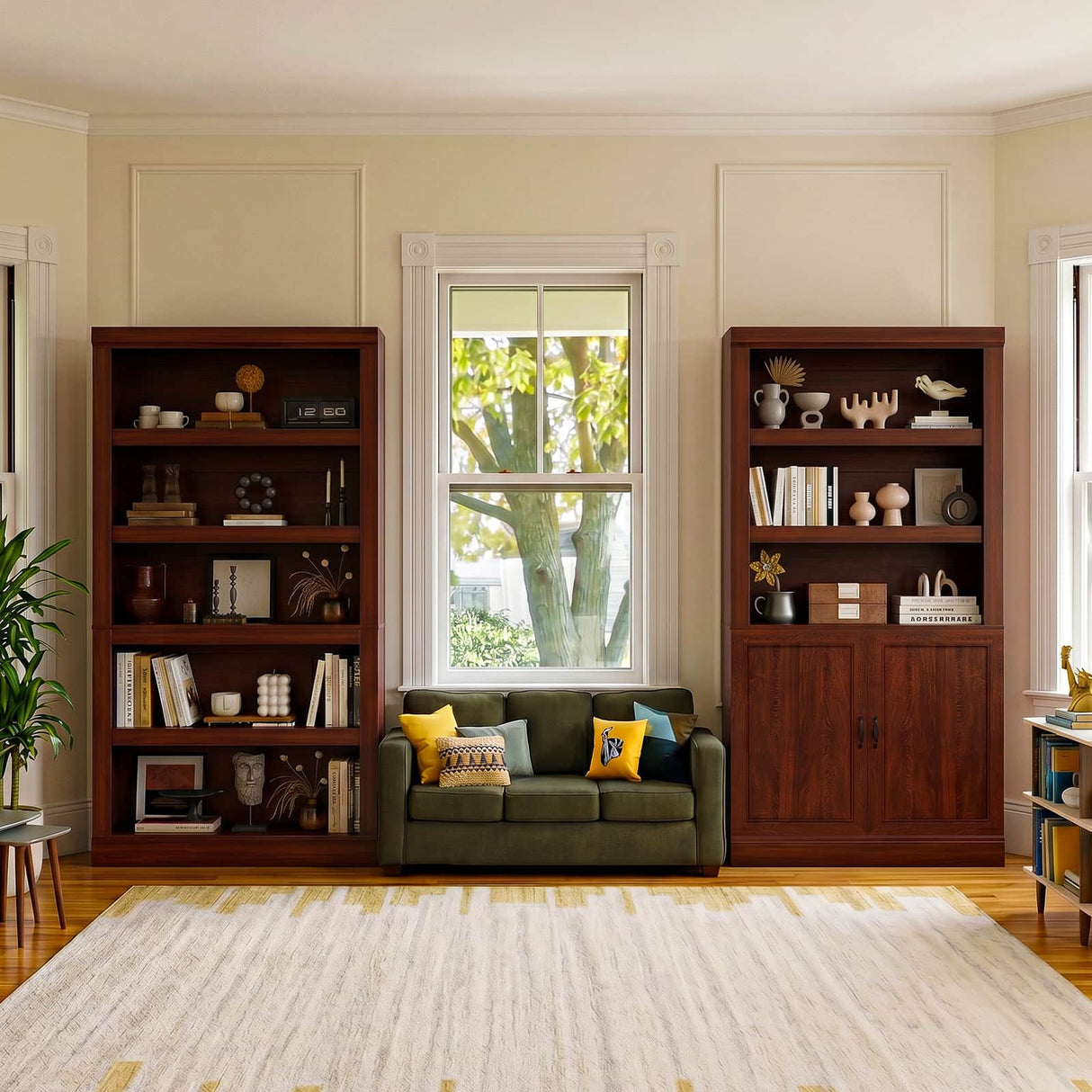 Double Wide Bookshelf, 71 Inch Tall Book Case with Storage Cabinet, 5 Tier Bookshelves and Bookcases