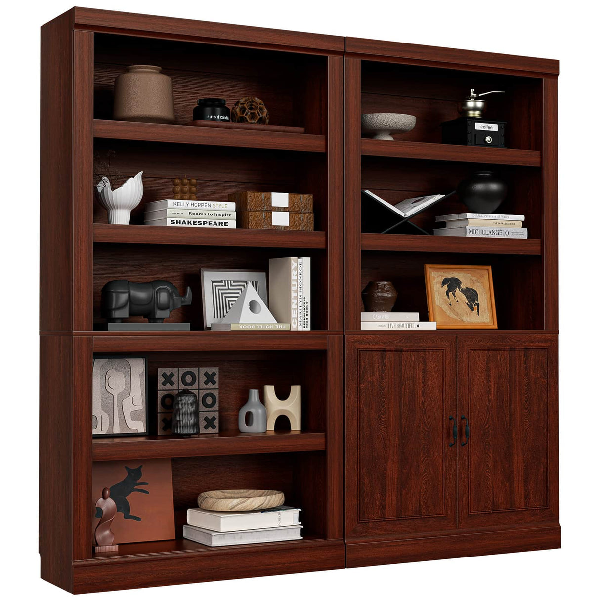 Double Wide Bookshelf, 71 Inch Tall Book Case with Storage Cabinet, 5 Tier Bookshelves and Bookcases