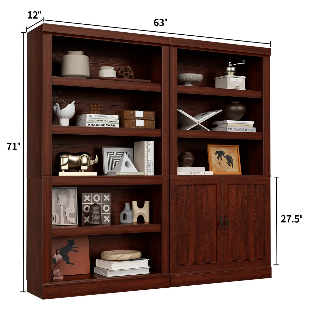 Double Wide Bookshelf, 71 Inch Tall Book Case with Storage Cabinet, 5 Tier Bookshelves and Bookcases