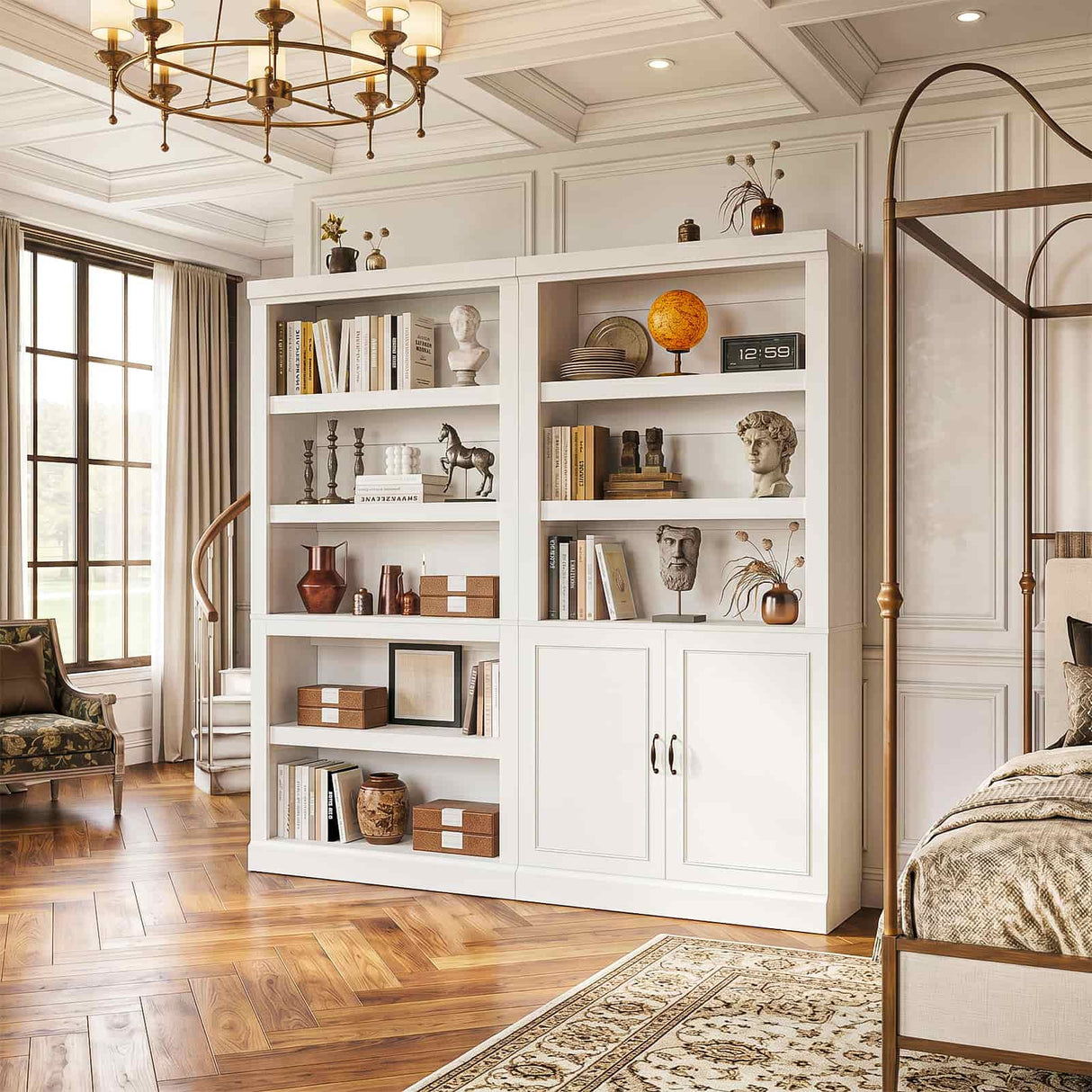 Double Wide Bookshelf, 71 Inch Tall Book Case with Storage Cabinet, 5 Tier Bookshelves and Bookcases