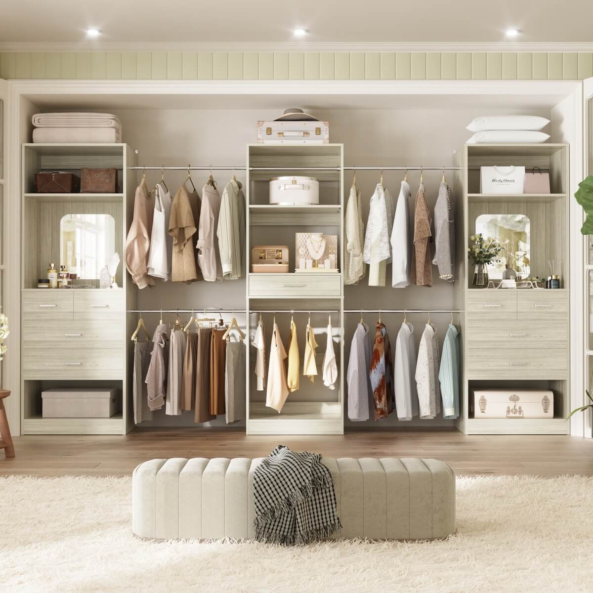 6 - 18.5 ft Closet System with 3 Sets, Closet Organizer with 2 Mirrors, 9 Drawers & 6 Closet Rods