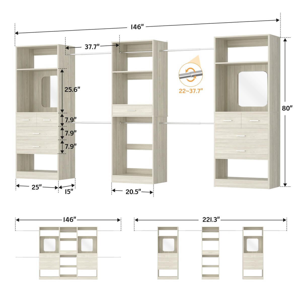 6 - 18.5 ft Closet System with 3 Sets, Closet Organizer with 2 Mirrors, 9 Drawers & 6 Closet Rods