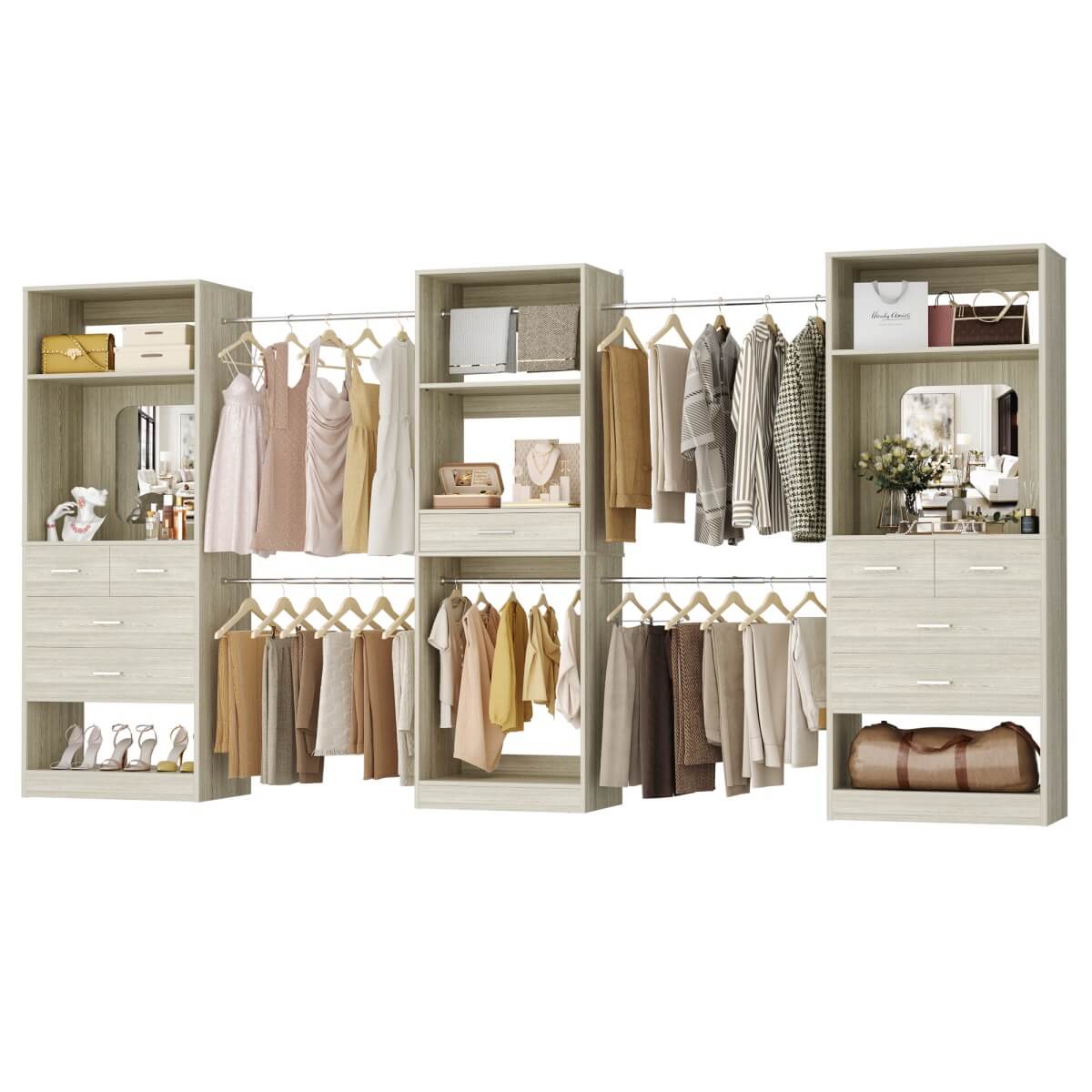 6 - 18.5 ft Closet System with 3 Sets, Closet Organizer with 2 Mirrors, 9 Drawers & 6 Closet Rods