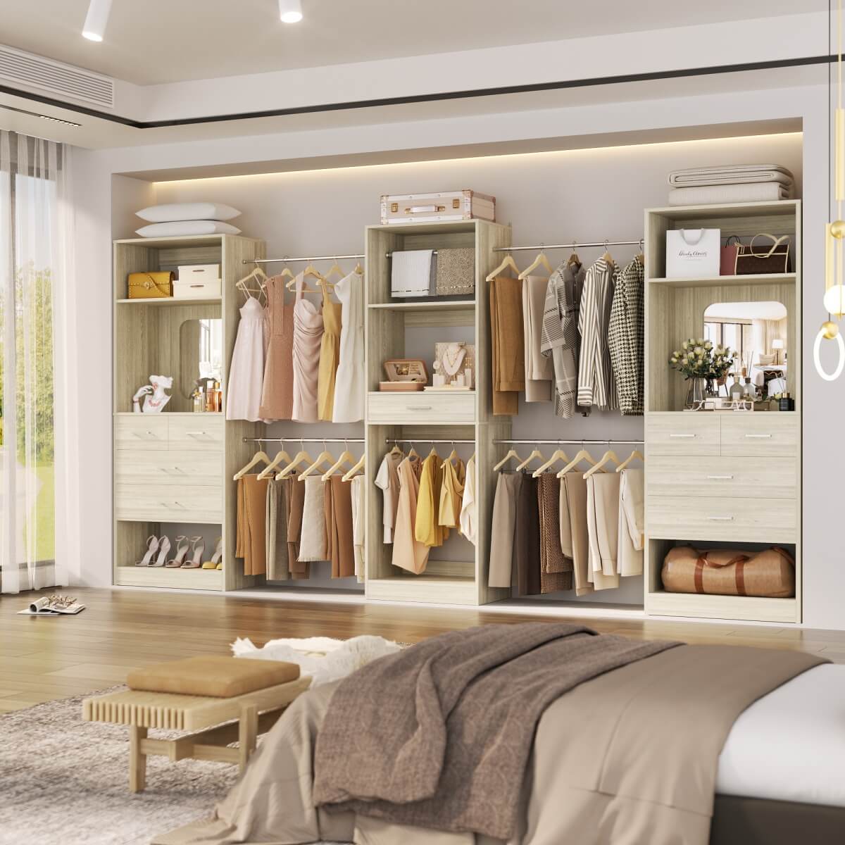 6 - 18.5 ft Closet System with 3 Sets, Closet Organizer with 2 Mirrors, 9 Drawers & 6 Closet Rods