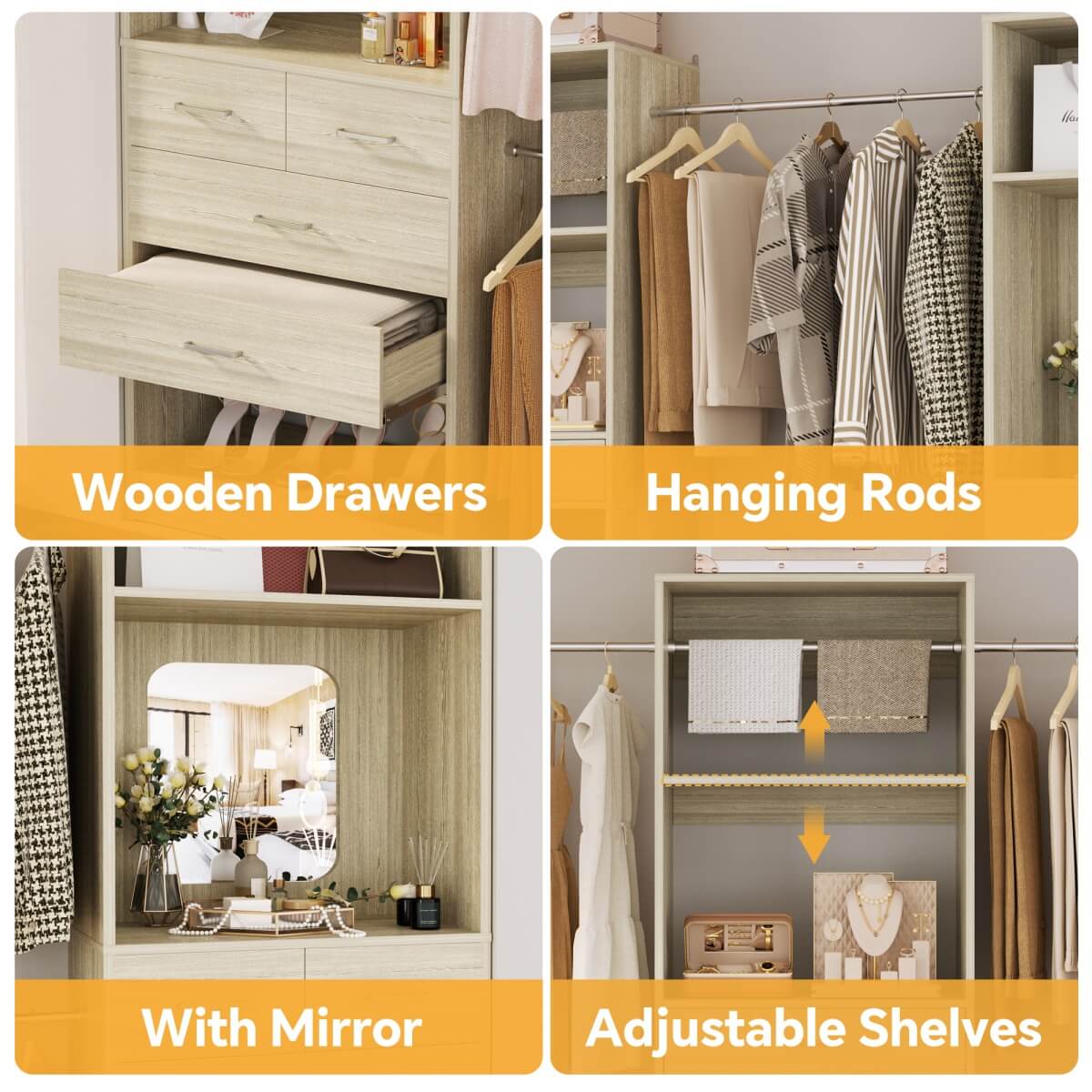6 - 18.5 ft Closet System with 3 Sets, Closet Organizer with 2 Mirrors, 9 Drawers & 6 Closet Rods