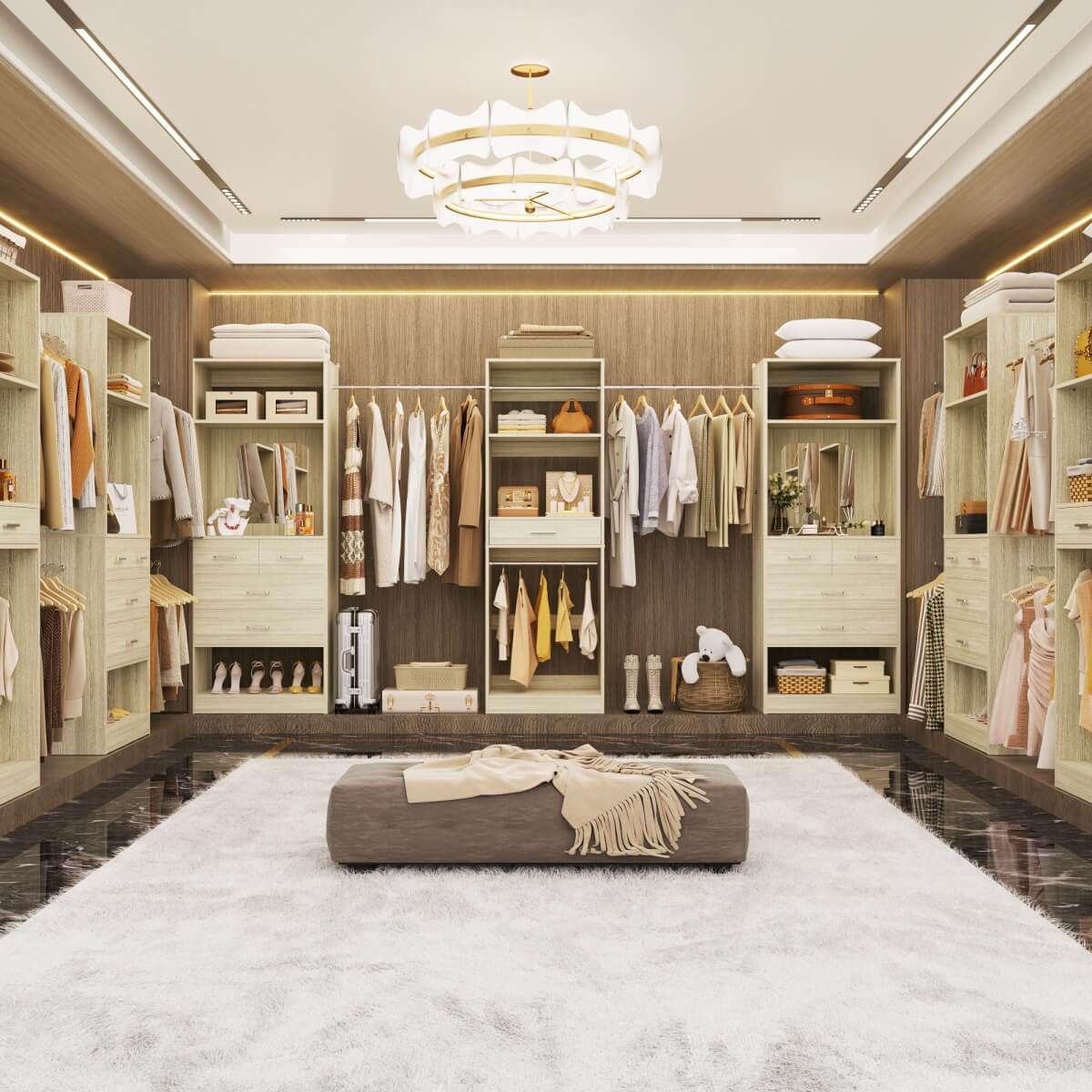 6 - 18.5 ft Closet System with 3 Sets, Closet Organizer with 2 Mirrors, 9 Drawers & 6 Closet Rods