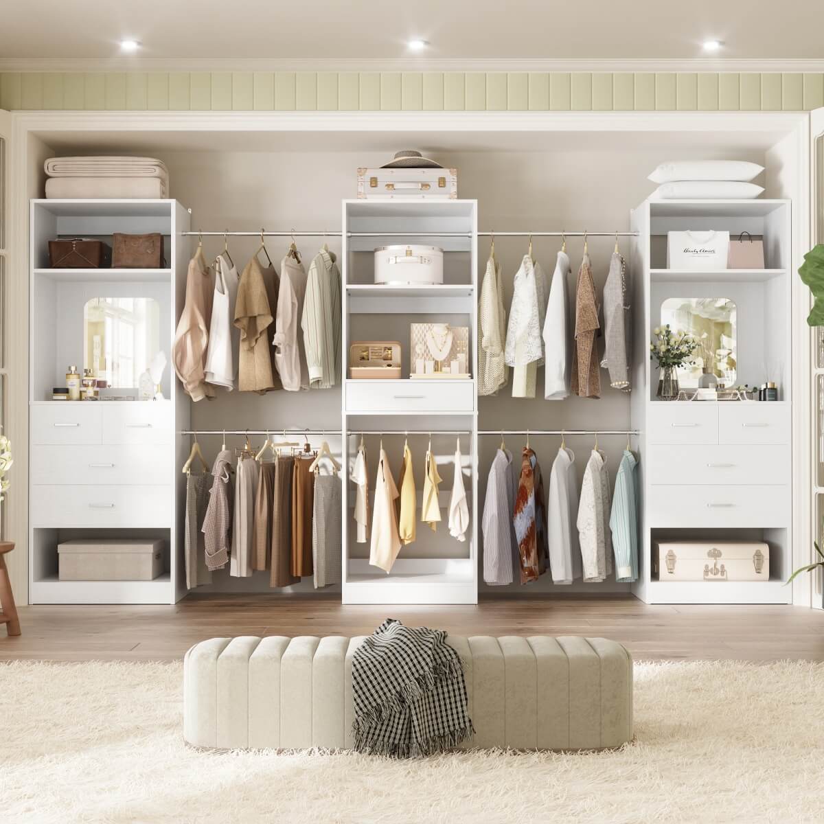 6 - 18.5 ft Closet System with 3 Sets, Closet Organizer with 2 Mirrors, 9 Drawers & 6 Closet Rods