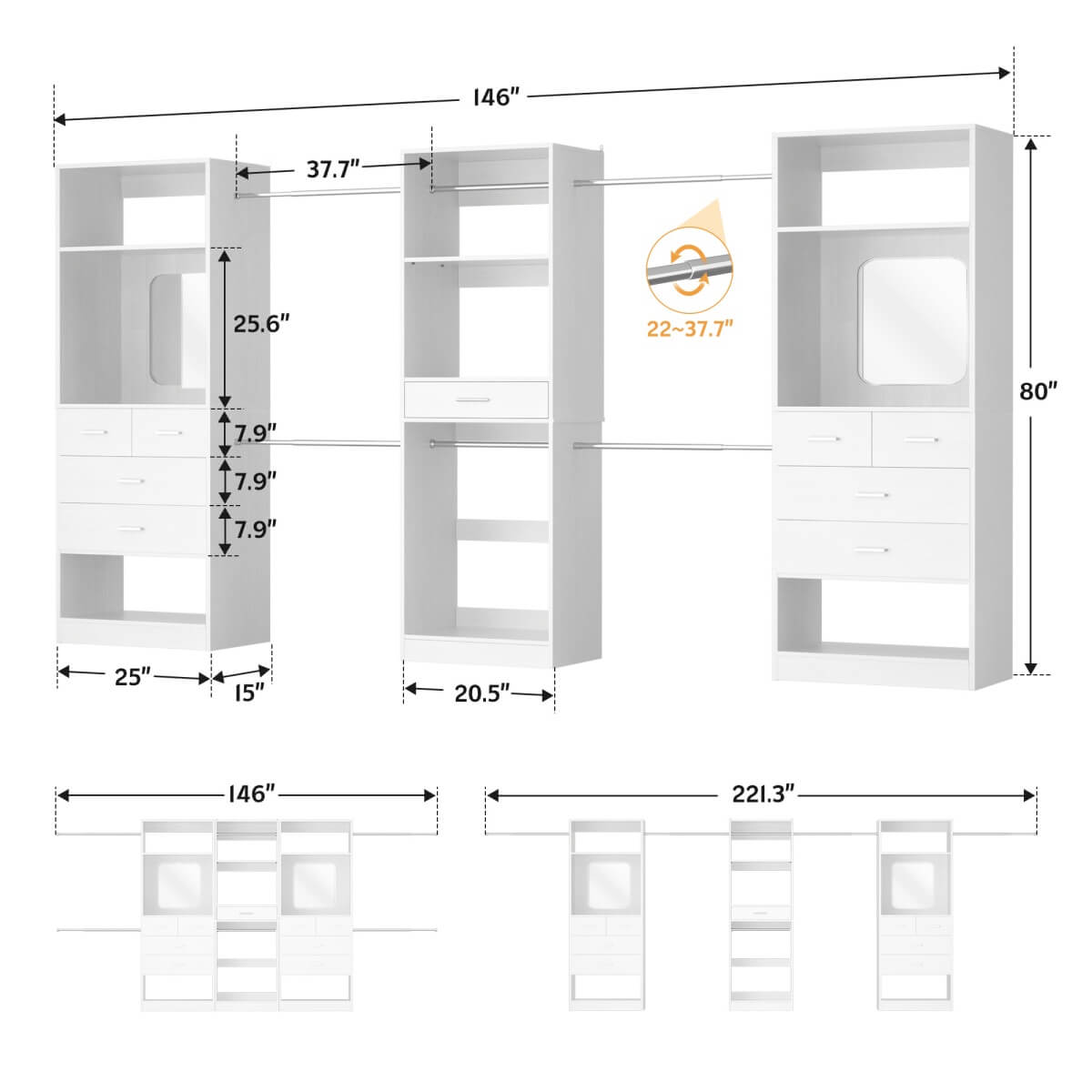 6 - 18.5 ft Closet System with 3 Sets, Closet Organizer with 2 Mirrors, 9 Drawers & 6 Closet Rods