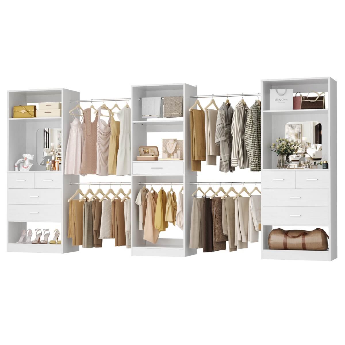 6 - 18.5 ft Closet System with 3 Sets, Closet Organizer with 2 Mirrors, 9 Drawers & 6 Closet Rods