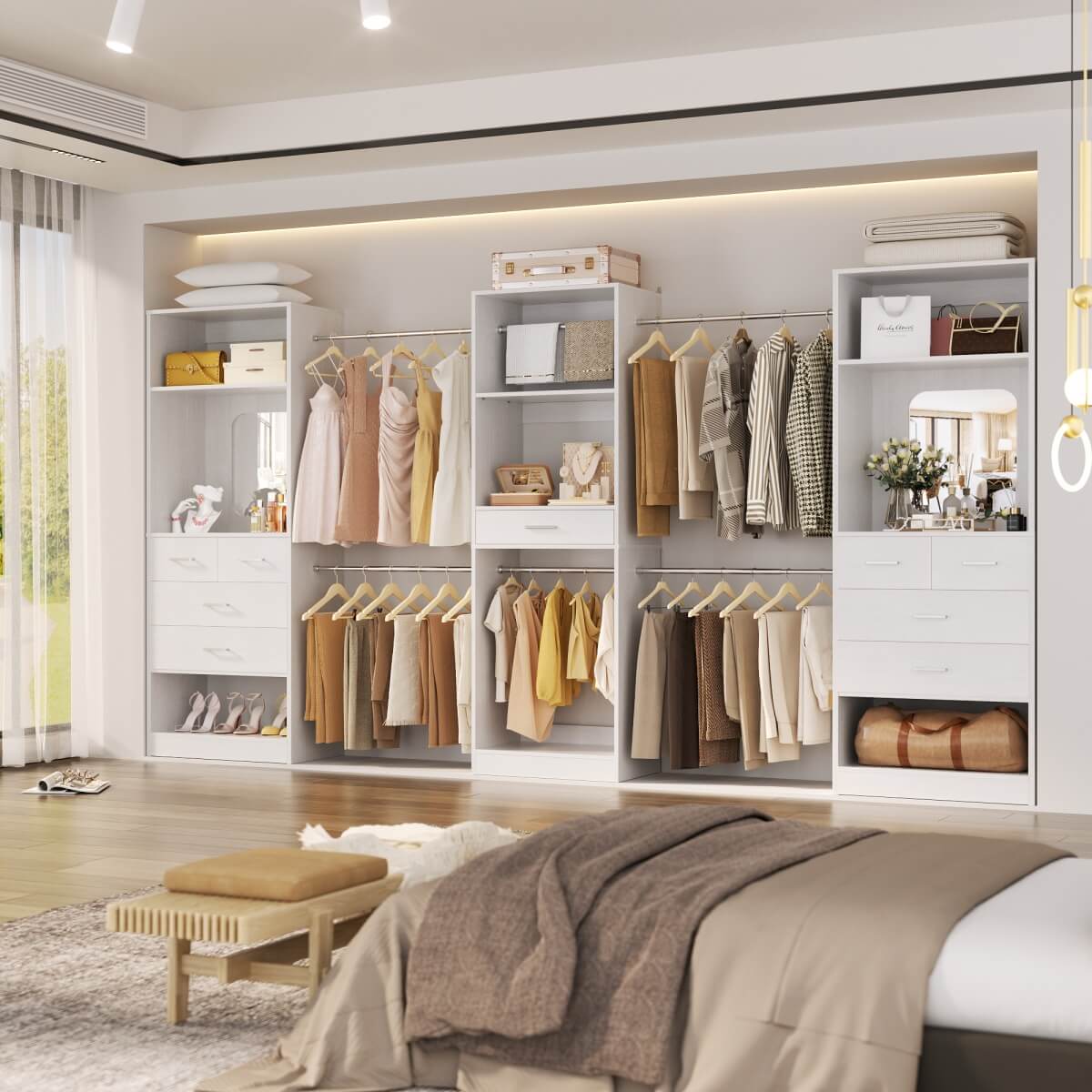 6 - 18.5 ft Closet System with 3 Sets, Closet Organizer with 2 Mirrors, 9 Drawers & 6 Closet Rods
