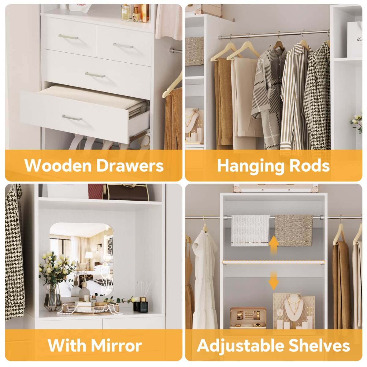 6 - 18.5 ft Closet System with 3 Sets, Closet Organizer with 2 Mirrors, 9 Drawers & 6 Closet Rods