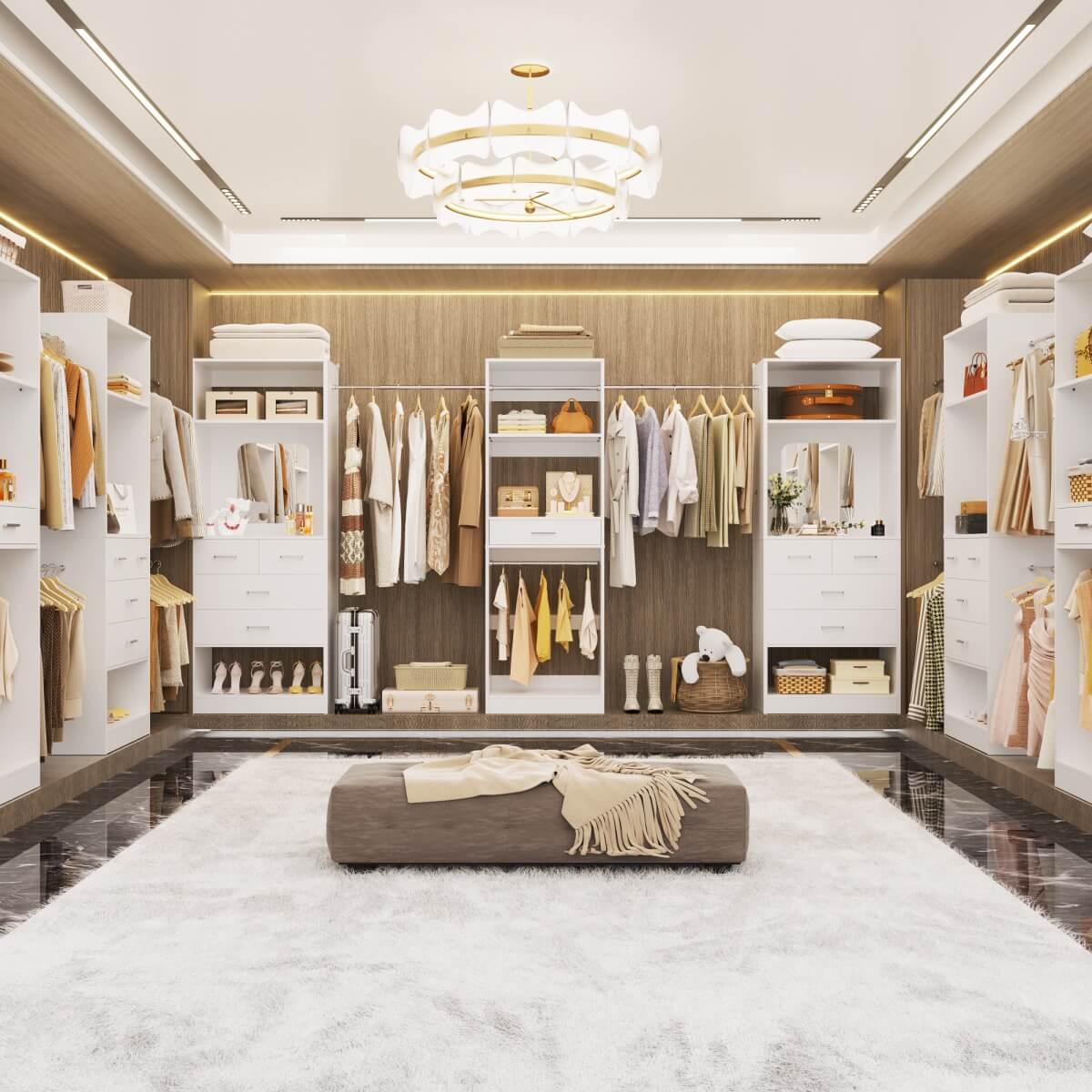 6 - 18.5 ft Closet System with 3 Sets, Closet Organizer with 2 Mirrors, 9 Drawers & 6 Closet Rods