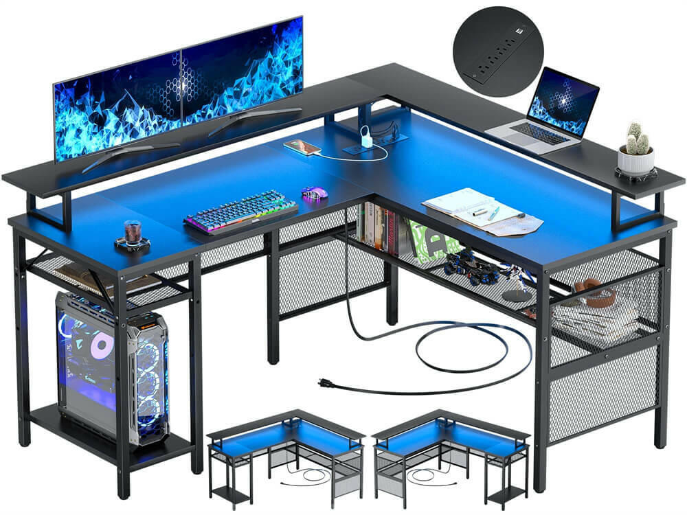 Unikito Reversible L Shaped Desk with LED Light Strip, Power Outlets, and USB Charging Ports, Easy to Assemble