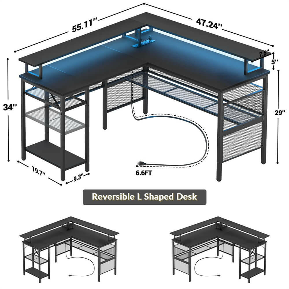 Unikito Reversible L Shaped Desk with LED Light Strip, Power Outlets, and USB Charging Ports, Easy to Assemble