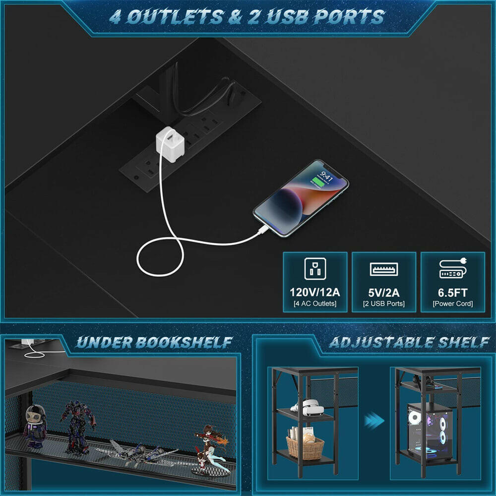 Unikito Reversible L Shaped Desk with LED Light Strip, Power Outlets, and USB Charging Ports, Easy to Assemble