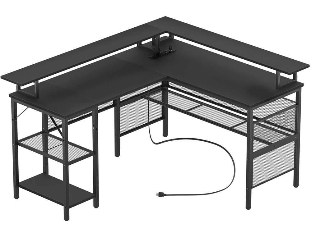 Unikito Reversible L Shaped Desk with LED Light Strip, Power Outlets, and USB Charging Ports, Easy to Assemble