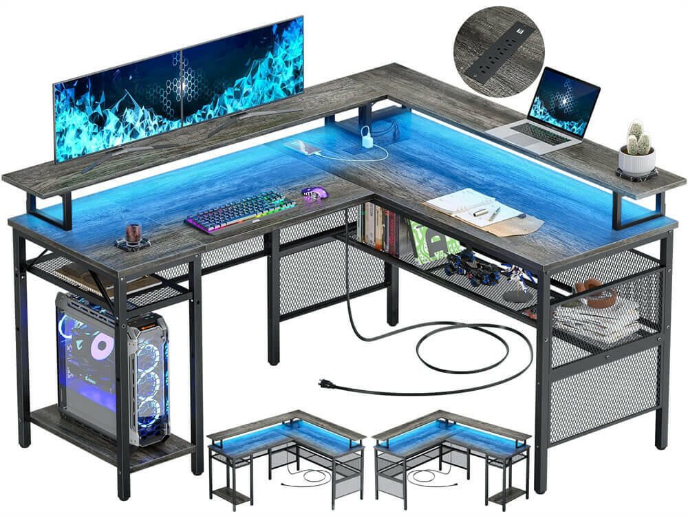 Unikito Reversible L Shaped Desk with LED Light Strip, Power Outlets, and USB Charging Ports, Easy to Assemble