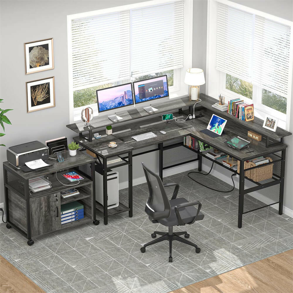 Unikito Reversible L Shaped Desk with LED Light Strip, Power Outlets, and USB Charging Ports, Easy to Assemble