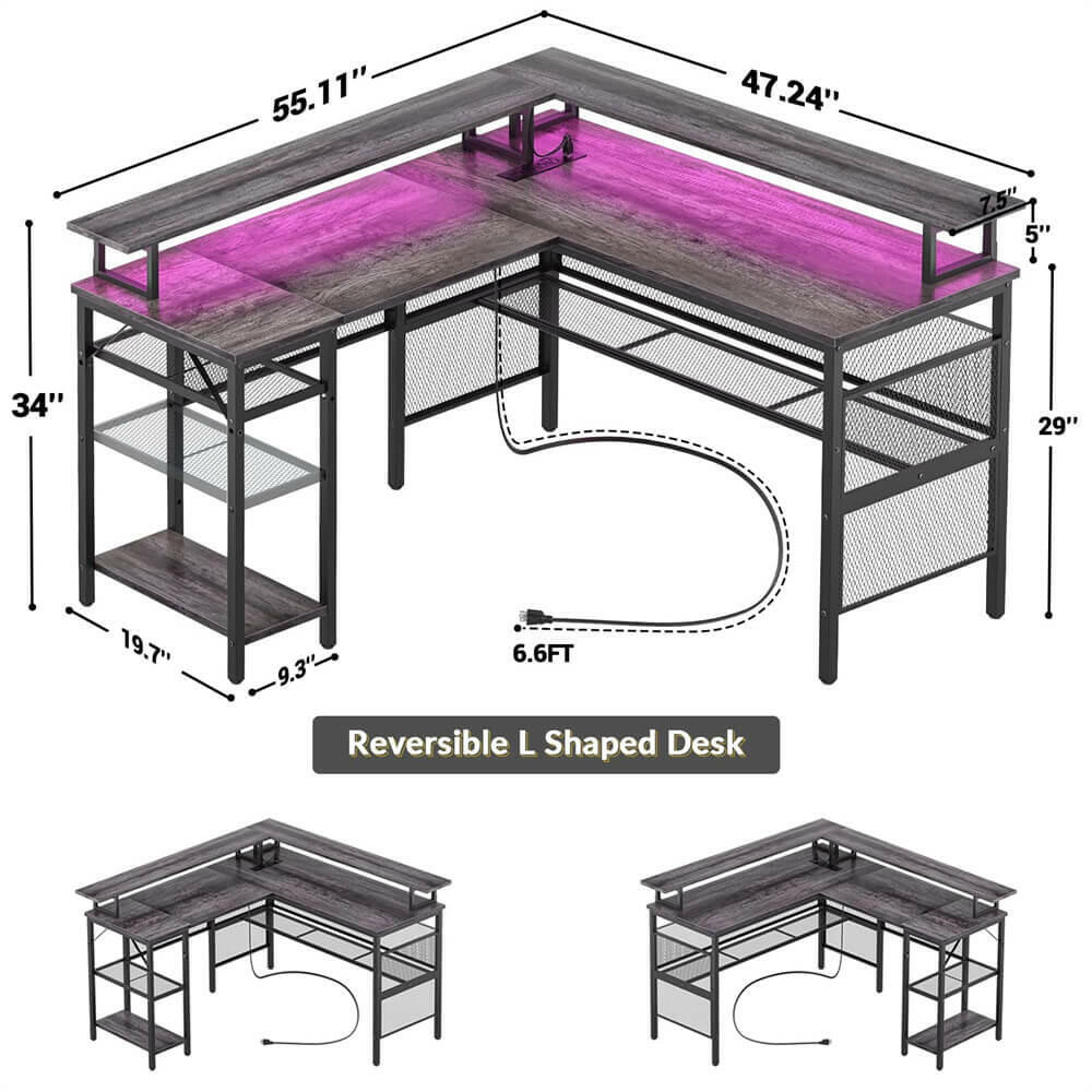 Unikito Reversible L Shaped Desk with LED Light Strip, Power Outlets, and USB Charging Ports, Easy to Assemble