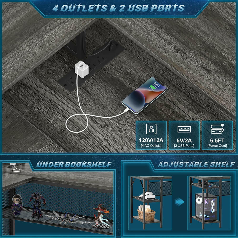 Unikito Reversible L Shaped Desk with LED Light Strip, Power Outlets, and USB Charging Ports, Easy to Assemble