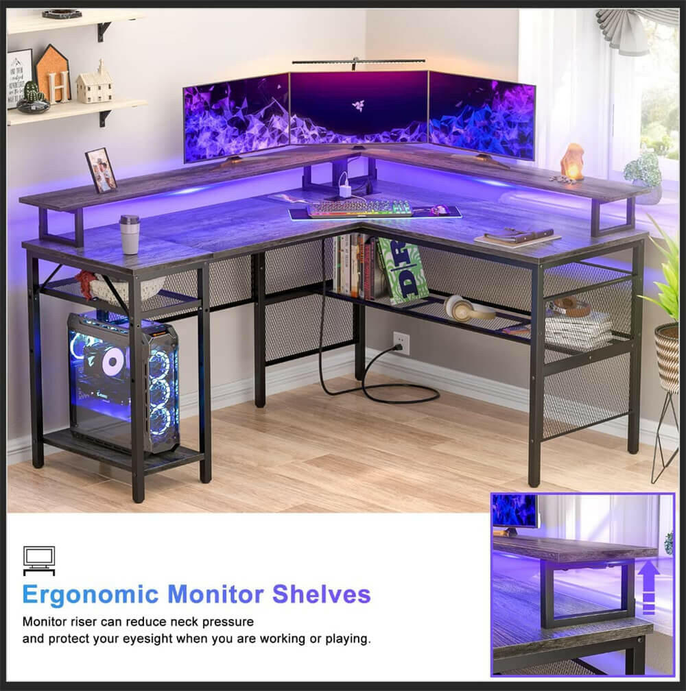 Unikito Reversible L Shaped Desk with LED Light Strip, Power Outlets, and USB Charging Ports, Easy to Assemble