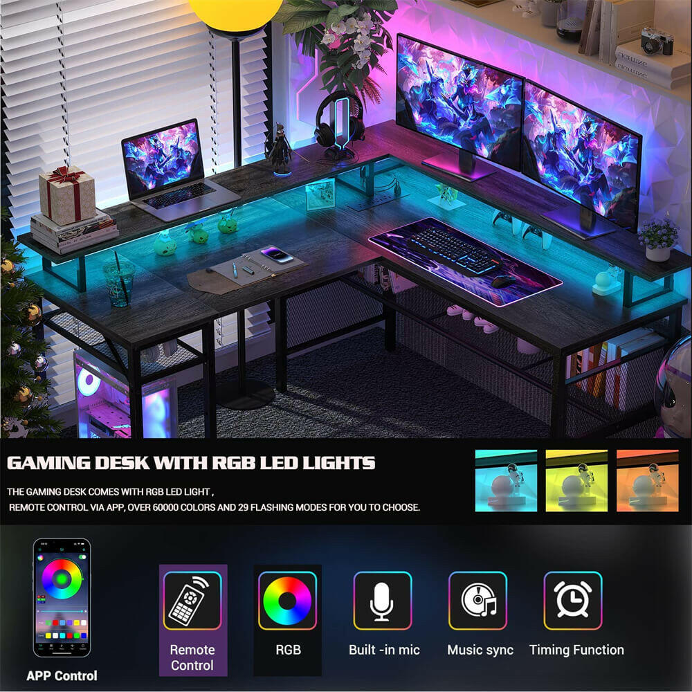 Unikito Reversible L Shaped Desk with LED Light Strip, Power Outlets, and USB Charging Ports, Easy to Assemble