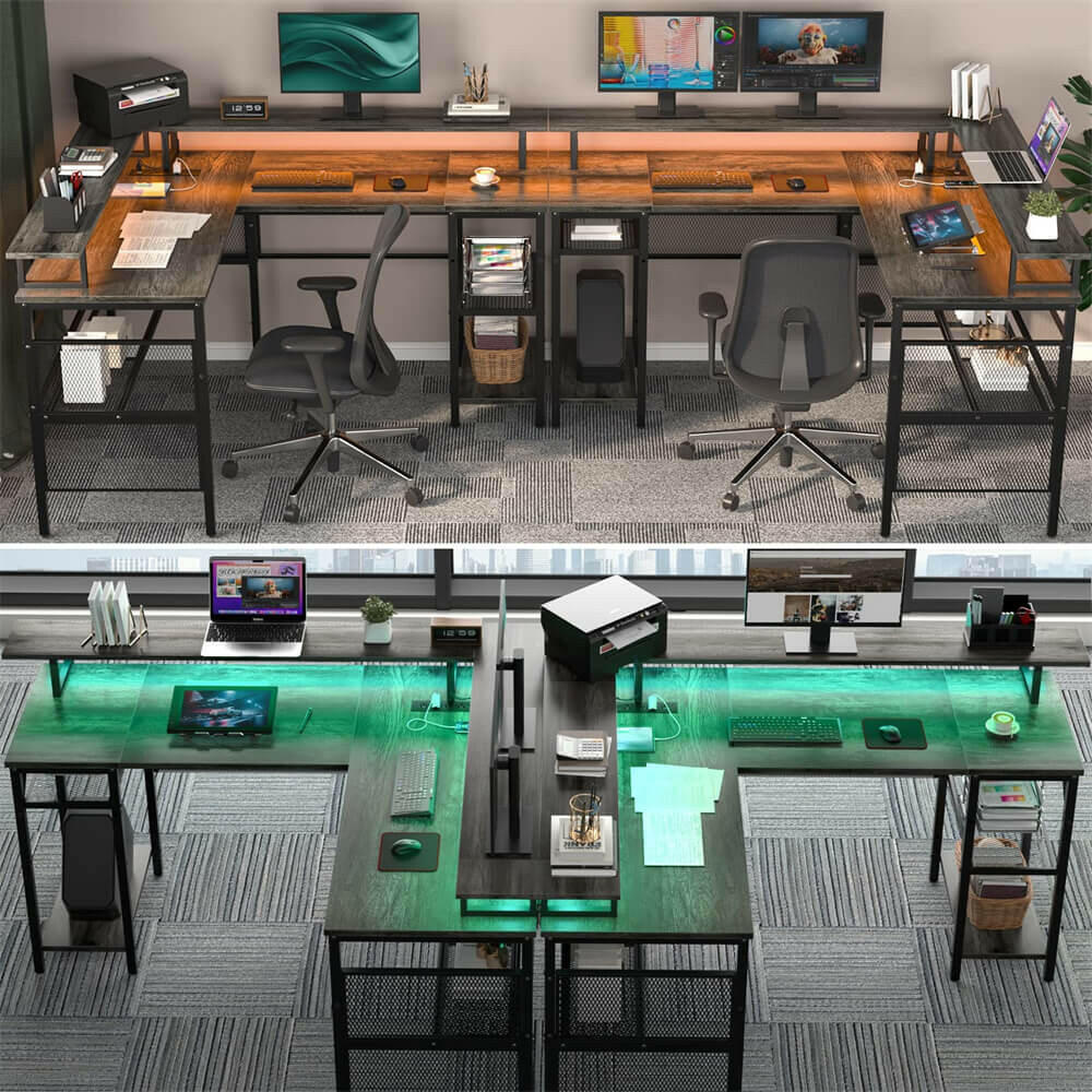 Unikito Reversible L Shaped Desk with LED Light Strip, Power Outlets, and USB Charging Ports, Easy to Assemble