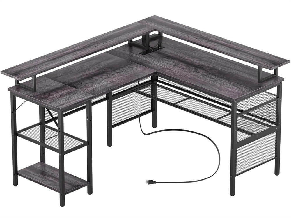 Unikito Reversible L Shaped Desk with LED Light Strip, Power Outlets, and USB Charging Ports, Easy to Assemble